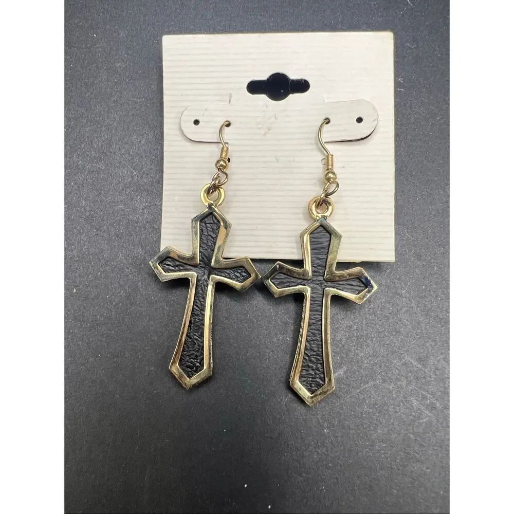 New Textured Black Gold Tone Cross Dangle Drop Earrings